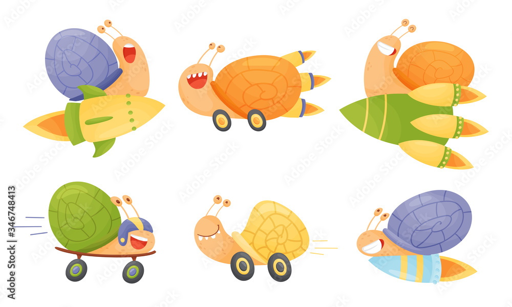 Poster fast snails vector set. funny cartoon mollusk characters with turbo rocket boosters