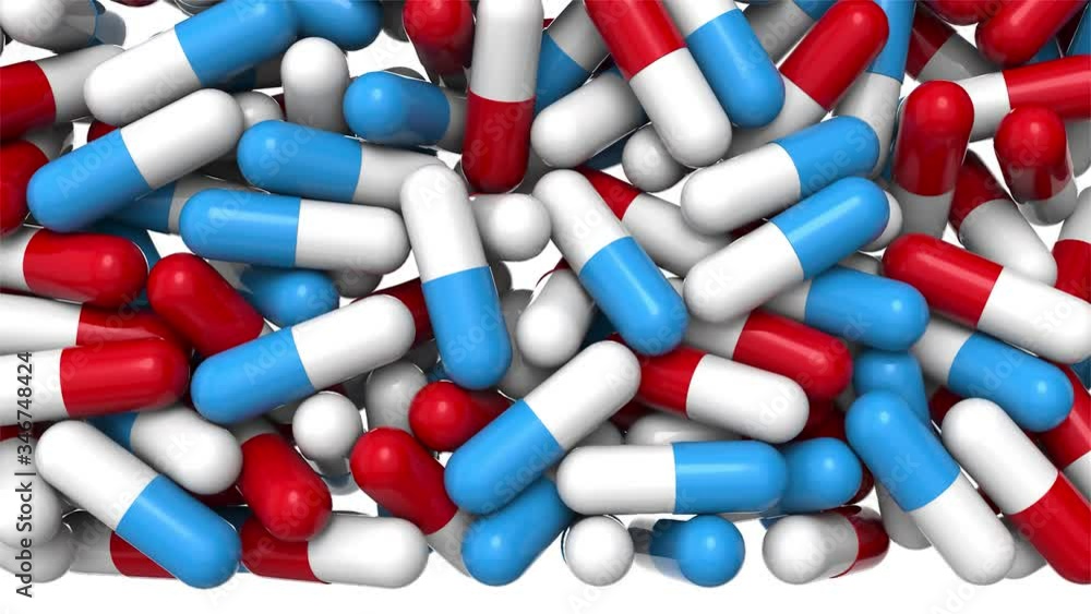 Poster transition colorful pharmaceutical capsules fall down at pile against the white background. 3d rende