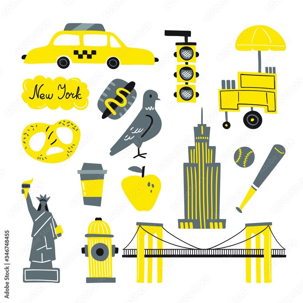 Wall mural new york city symbols. vector set with hand drawn elements isolated on white