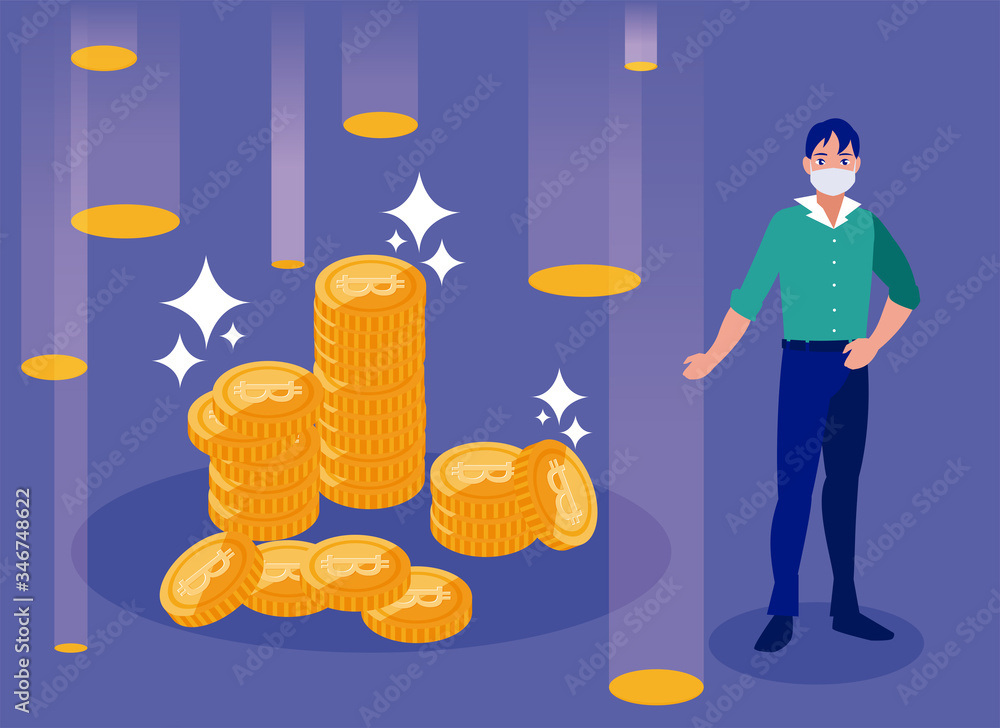 Poster man with mask and bitcoins vector design