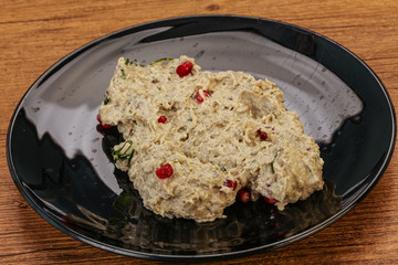 Vagan dietary cusine - mutabal with granet seeds