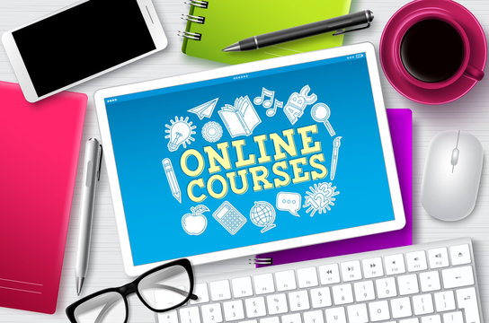 Online courses e-learning vector banner. E-learning online courses text in tablet screen with school elements for digital education through internet. Vector illustration.
