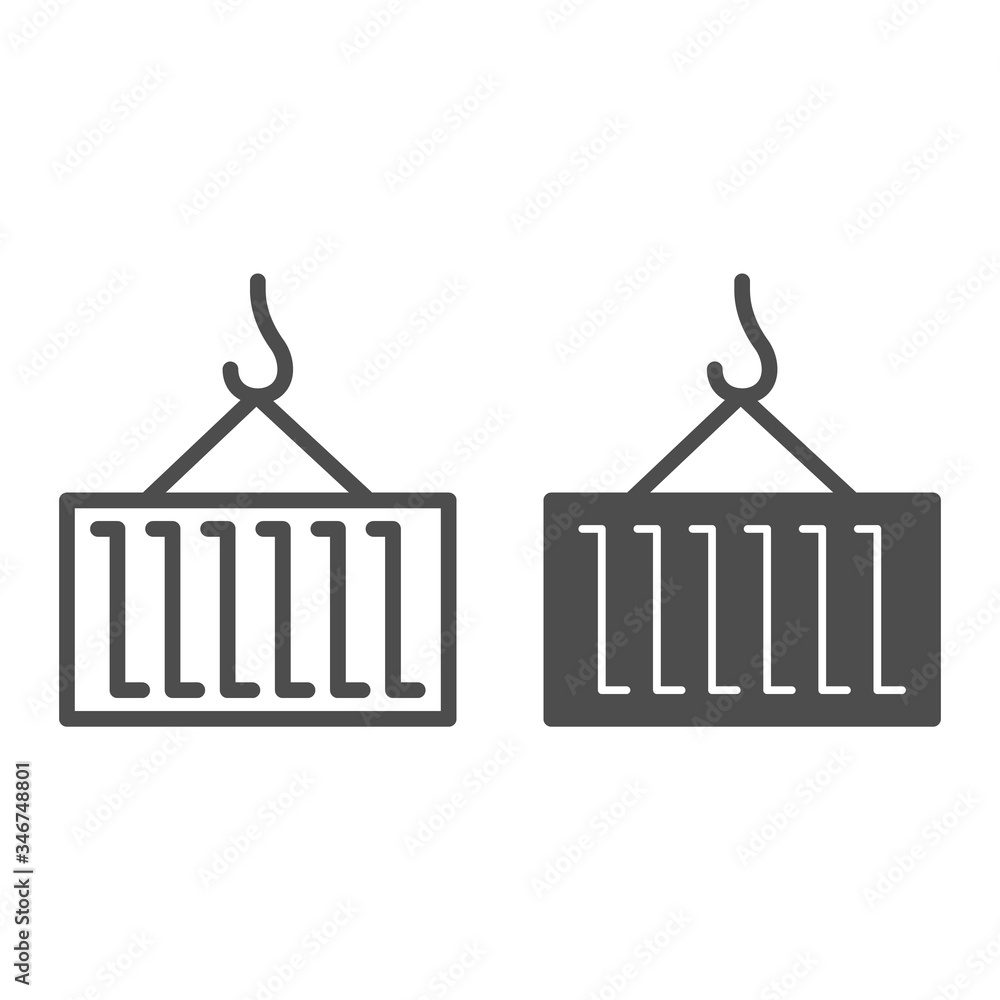 Poster container and hook line and solid icon, logistic and delivery symbol, cargo container on crane hook 