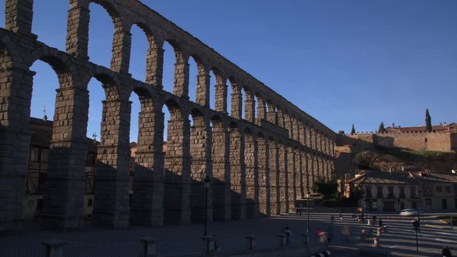Time lapse of aqueduct at sunset in Segovia, Spain. Landscape from day to night