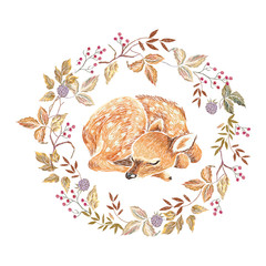 Embroidery trend floral pattern with autumn leaves, blackberry and deer. Vector traditional embroidered bouquet with flowers for clothing design.