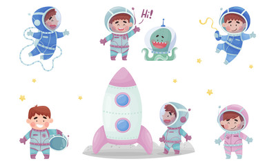 Little Astronaut Wearing Spacesuit Exploring the Moon Vector Illustration