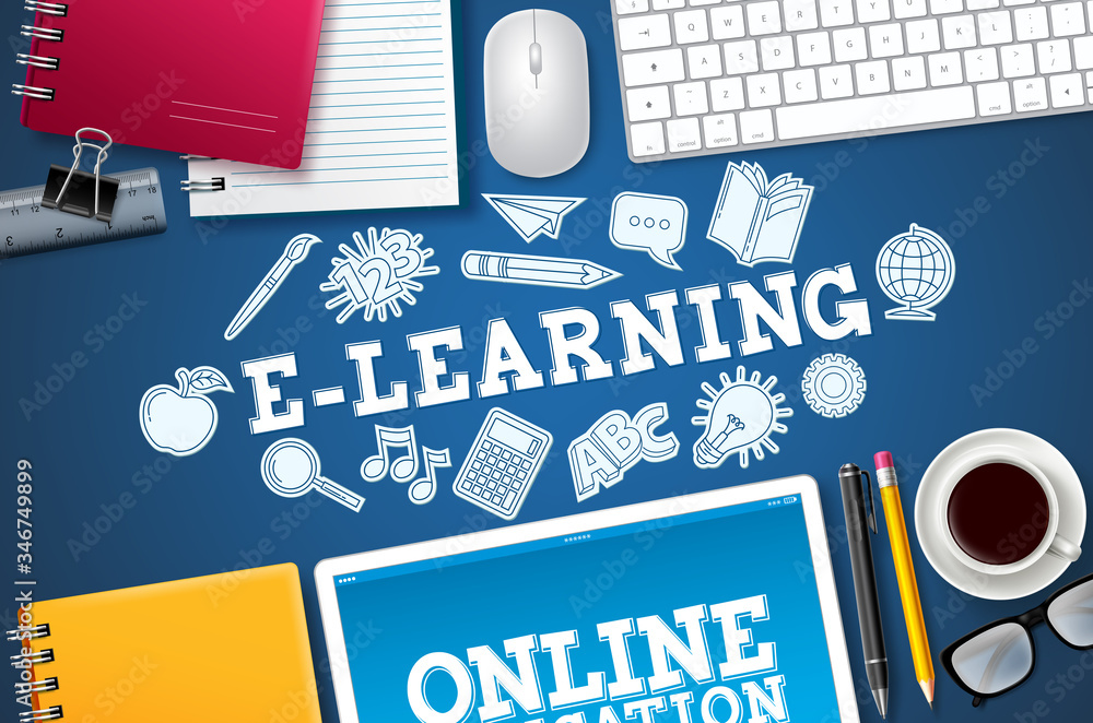 Poster e-learning online school vector banner. e-learning text with computer elements and school items in b