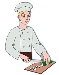Happy cook holds a knife and cuts on a chopping board. Man in chef uniform and cap at work. JPEG illustration drawings on a white background