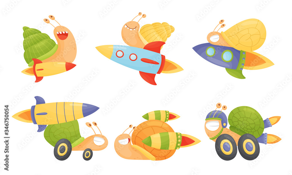Poster fast snails vector set. funny cartoon mollusk characters with turbo rocket boosters