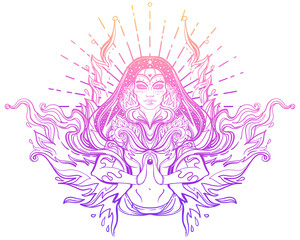 Asian magic woman with sacred geometry and fire. Vector Illustration. Mysterious thai girl over mystic symbols and flames. Alchemy, religion, spirituality, occultism, tattoo art, Asian culture.