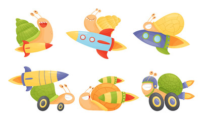 Fast Snails Vector Set. Funny Cartoon Mollusk Characters with Turbo Rocket Boosters