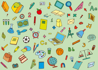 Background of school supplies drawn by hand.  Vector.