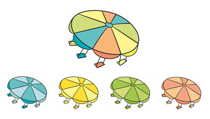 Isolierte Vektorgrafik-Illustration eines sich drehenden Karussells mit einem Dach mit Elementen in blau, grün, orange und gelb mit einem Set mit einfarbigen Variationen
