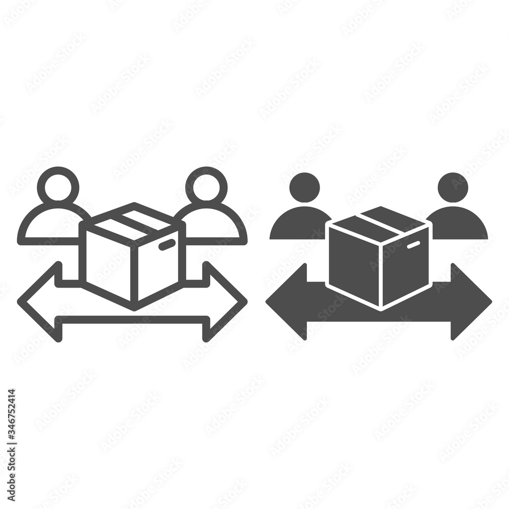 Poster cardboard box with two man and arrows line and solid icon, logistic and delivery symbol, distributio