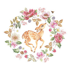 Embroidery trend floral pattern with poppies, raspberry and deer. Vector traditional embroidered bouquet with flowers for clothing design.