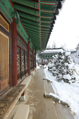 Woljeongsa, a buddhist temple, covered with snow. Gangwon-do, Korea