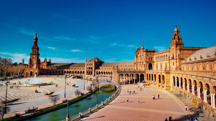 Seville, Spain - 10 February 2020 : Plaza de Espana Spain Square Architecture Top View in Seville Spain City Center