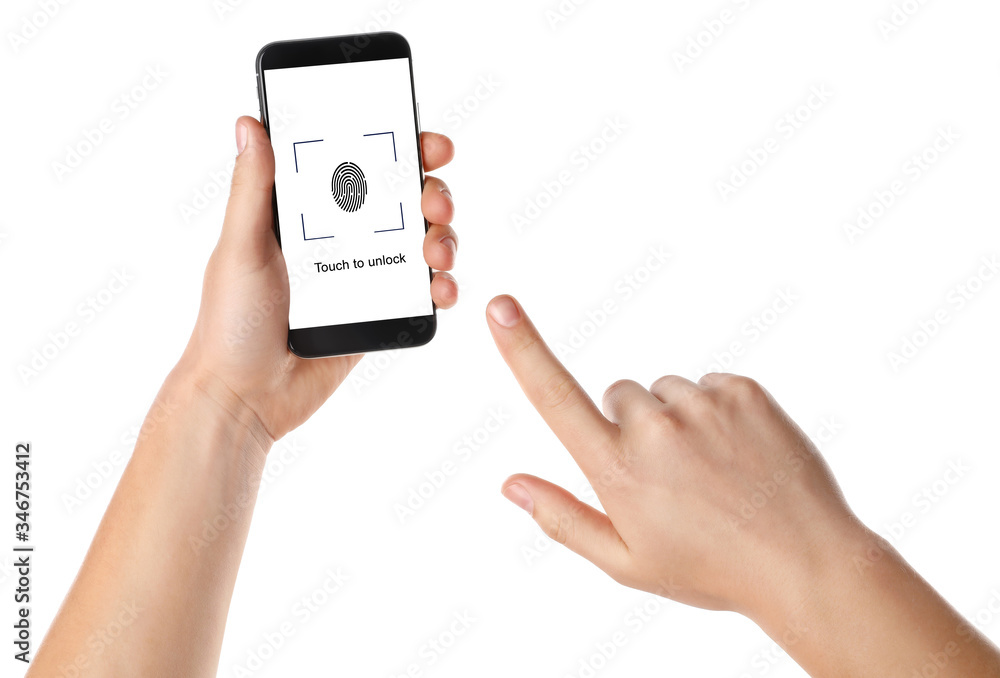 Poster man holding smartphone with fingerprint sensor on white background, top view. digital identity