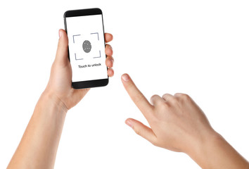 Man holding smartphone with fingerprint sensor on white background, top view. Digital identity