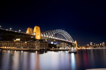 Sydney Harbour Bridge long night exposure showing the vibrant colours of the lights on the water