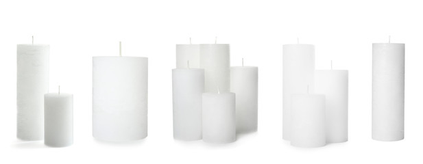 Set of wax candles on white background. Banner design