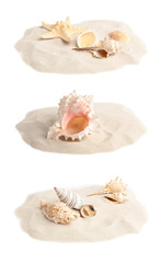 Set of sand piles with sea shells on white background