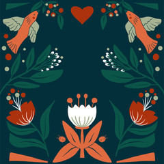 Floral Folk art  square pattern in modern style, Scandi vector illustration