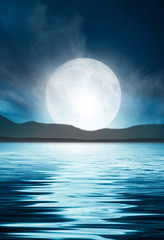Night seascape. Dark landscape with a marine background and sunset, moon. Abstract night landscape in blue light. Reflection of the moon in the night water. Empty futuristic landscape.