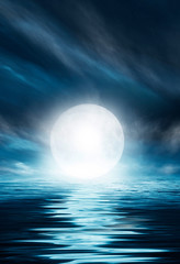 Night seascape. Dark landscape with a marine background and sunset, moon. Abstract night landscape in blue light. Reflection of the moon in the night water. Empty futuristic landscape.