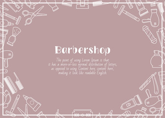 Barbershop - horizontal card with text and vector outline illustrations of beauty salon for graphic design