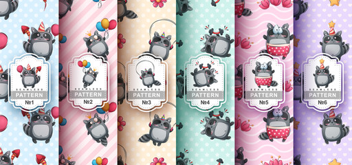 Cute raccoon pattern set six items © rwgusev