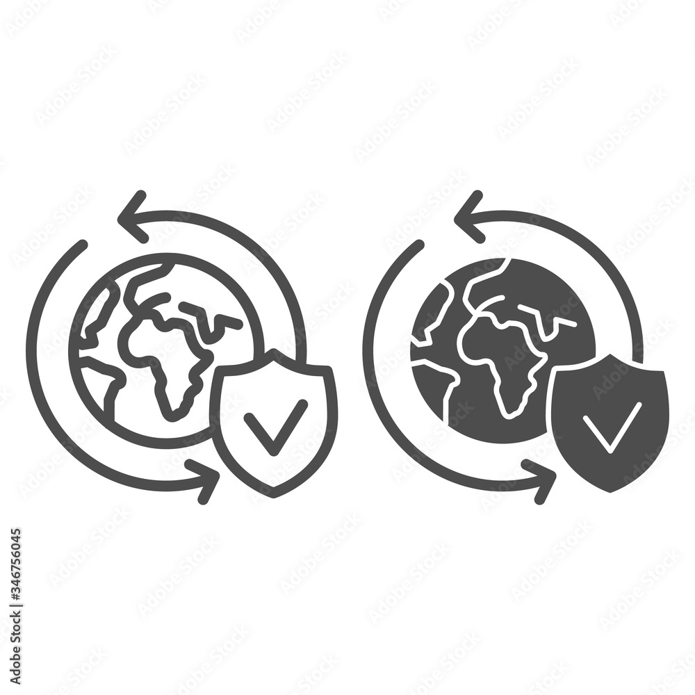 Poster planet with arrows and shield line and solid icon, logistic and delivery symbol, global safety excha