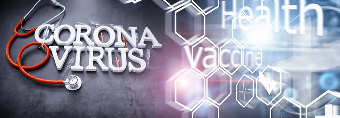 Double exposure. Medical background. Coronavirus wooden letters. Background of the deadliest...