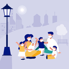 Family with masks at park in front of city vector design
