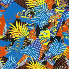 Fototapeta premium Abstract vector pattern suitable for printing children's prints on textiles, fabrics, clothes, boys, girls.Geometric pattern with tropical leaves monstera retro style. Jungle ornament. Memphis.