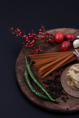 Different types of pasta and spices.