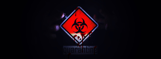 Quarantine. Quarantine warning sign on a glass door in a hospital isolator. Isolation of patients with the virus in special laboratories. Virus.