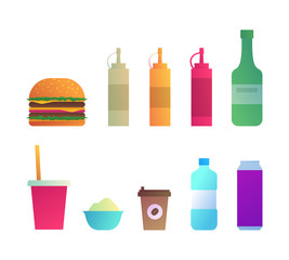 Fast food menu icons set. Hamburger, coffee and soda drink in paper cup, bottle of water, mayonnaise, ketchup and mustard elements. Street food lunch and take away fast food menu vector illustration.