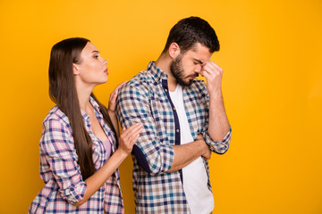 Photo attractive lady handsome guy couple girlfriend say wrong words ask forgiveness beloved boyfriend hold nose bridge wear casual plaid shirts jeans isolated yellow color background