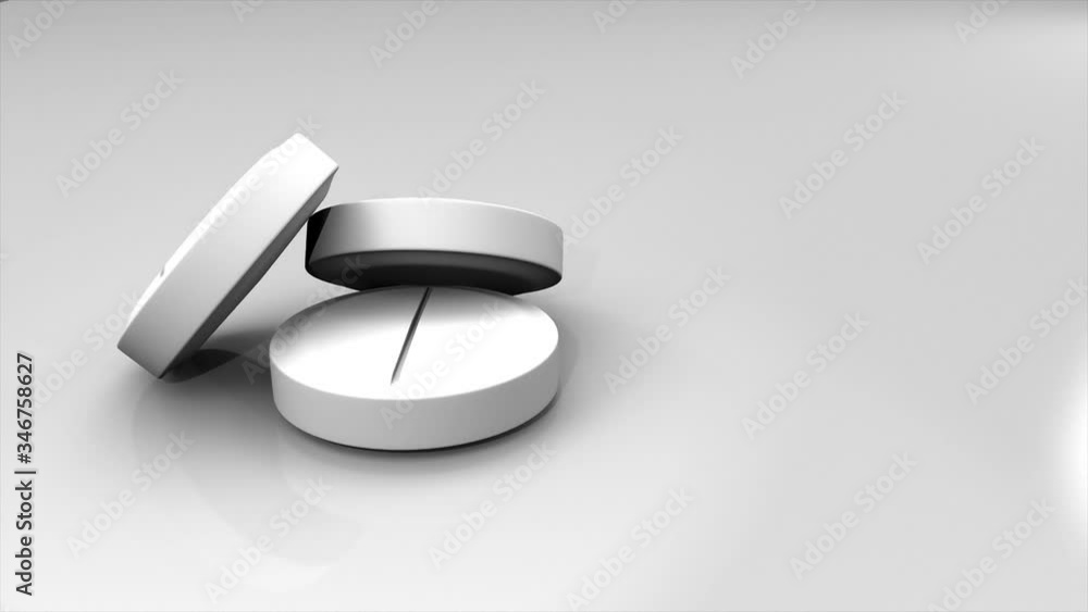 Poster three glossy pills closeup on white background with copy space. rotating 3d rendering. cartoon style
