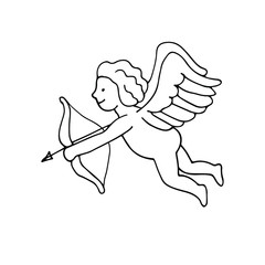 Fototapeta premium An angel shoots an arrow from a bow. Hand drawing outline doodles. Isolated on a white background. Cute baby vector illustration. Suitable for postcards, prints, designs, Valentine's Day.