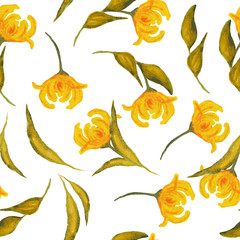 watercolor hand drawn seamless pattern illustration warm orange florals flowers leaves of loose form nature plants elegant botanical design for trendy style textile wrapping paper wedding invitations