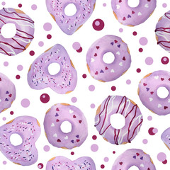 watercolor hand drawn seamless pattern of violet lilac lavender glazed sweet tasty delicious donuts with sugar glaze and heart love decoration of st valentine day textile paper bakery polka dot circle