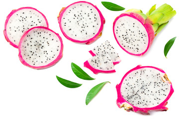 Sliced Ripe Dragon fruit isolated on white background. Pitaya or Pitahaya. Top View