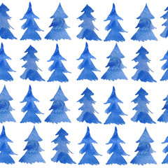 watercolor hand drawn seamless pattern with classic blue christmas pine fir trees textured elegant graphic and minimalist on white isolated background for new year textile wrapping paper decoration