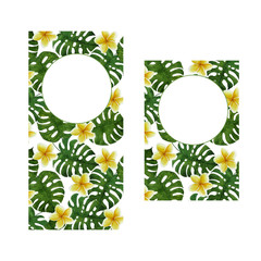 two design templates for greeting cards narrow and classical size shape with copyspace for text with seamless watercolor pattern of green monstera leaves foliage yellow tropical frangipani plumeria