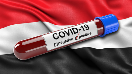 Obraz premium Flag of Yemen waving in the wind with a positive Covid-19 blood test tube. 3D illustration concept for blood testing for diagnosis of the new Corona virus.