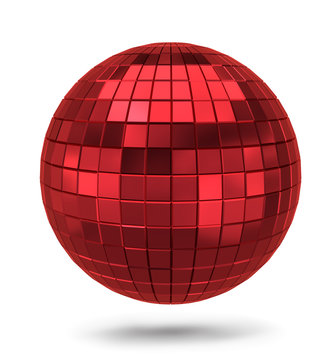 Red metallic polygonal sphere isolated on white background. red disco mirror ball. 3D rendering