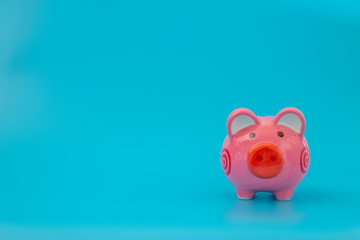 Pink piggy bank on pastel blue background, Financial concepts.