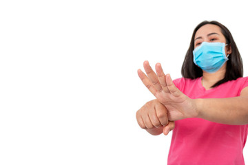 During the coronavirus (COVID-19) epidemic, A woman washing her hands with alcohol gel isolated on white background.